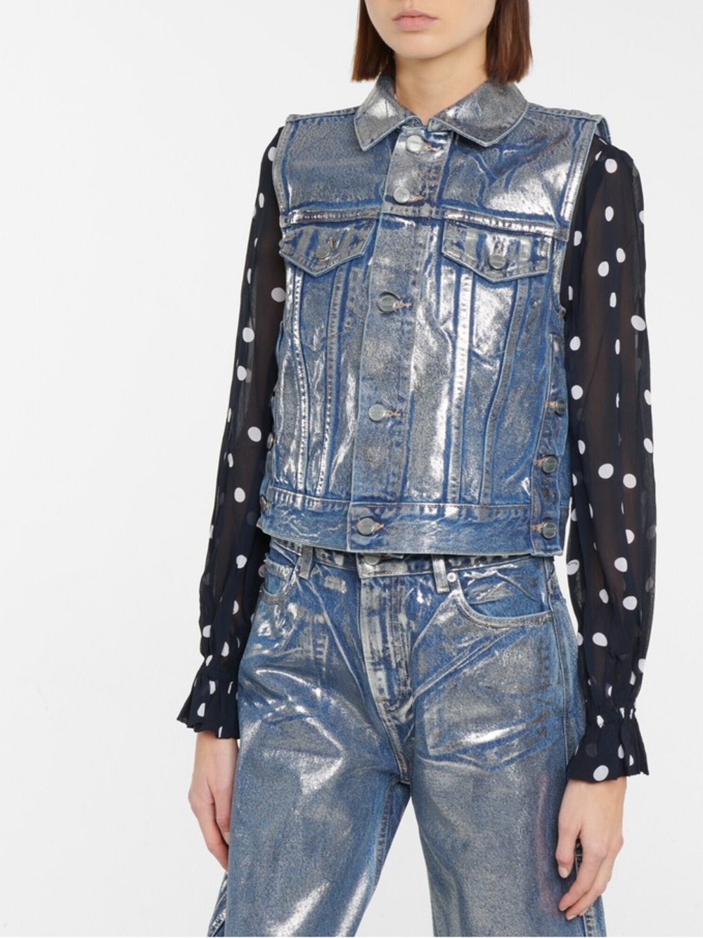 GANNI Coated Metallic Women’s Cotton Denim Vest (Size 36 Small US4) Blue/Silver